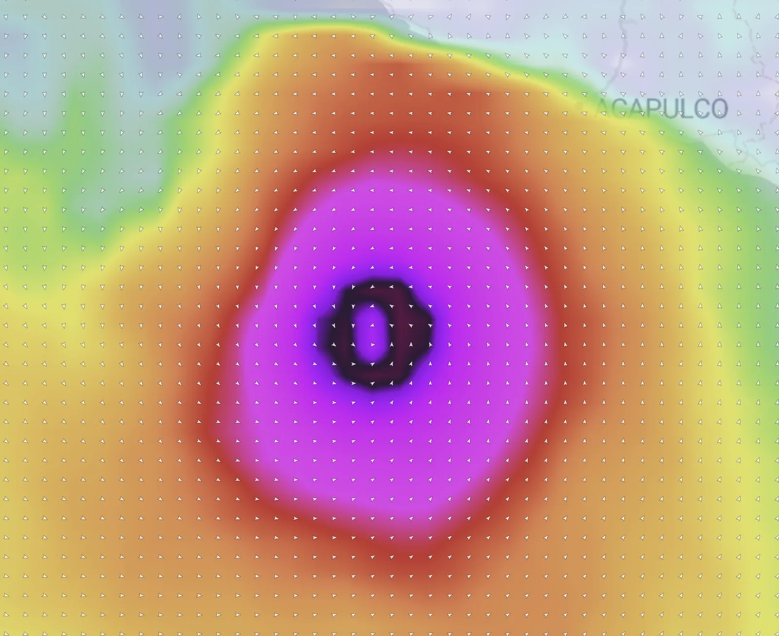 Hurricane Polo on the Fetch map — the eye south of Zihuatanejo with a Category 5 wind field