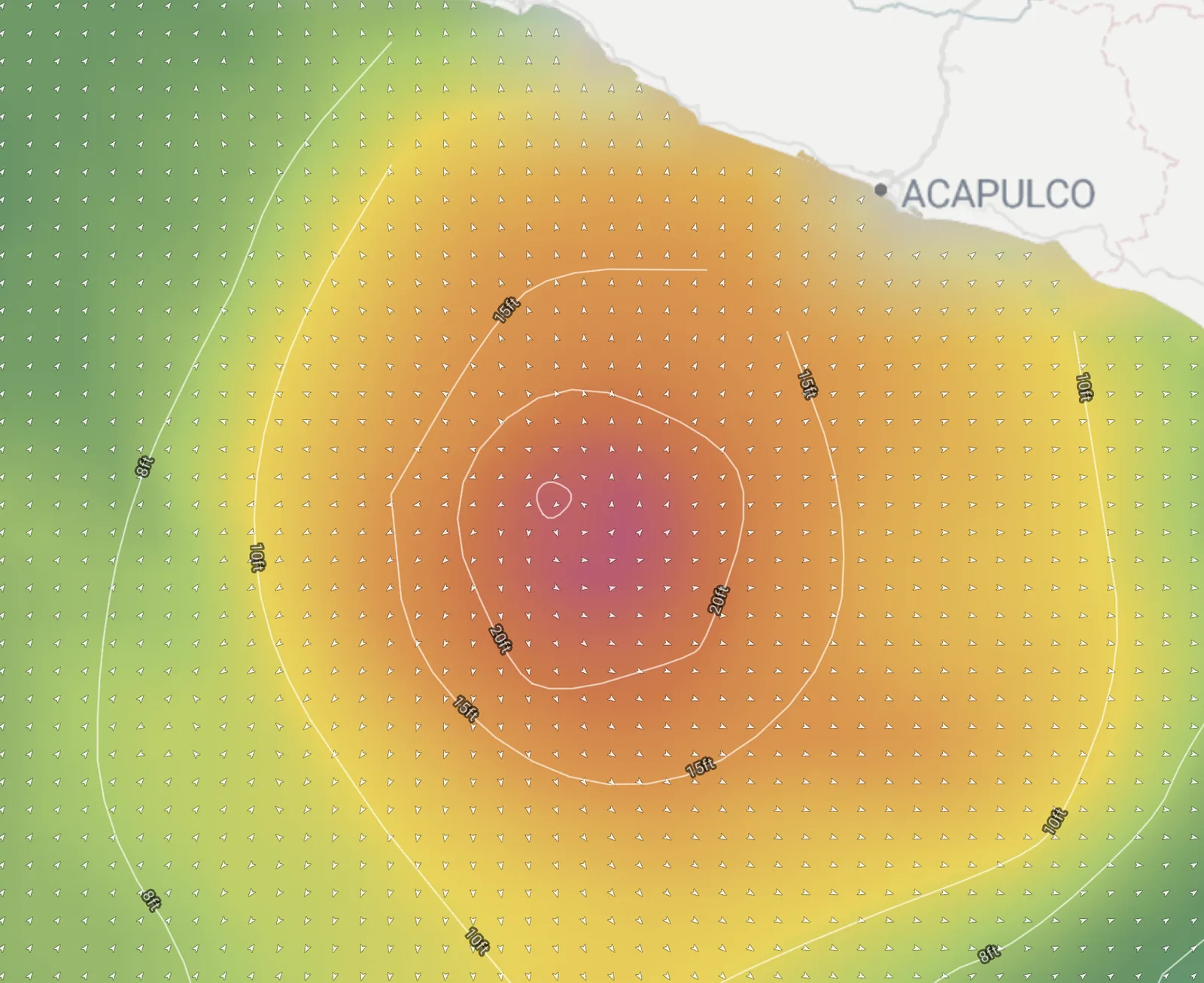 Polo's swell field on the Fetch swell map — 20-foot seas around the core, south of Acapulco