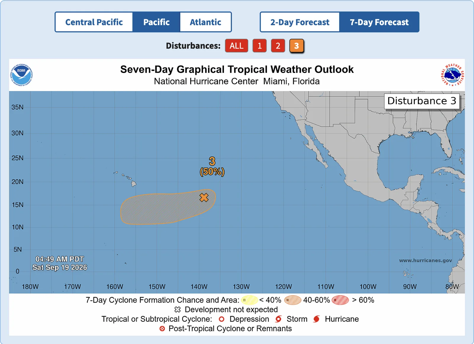 The remnants of TD 15-E, well east-southeast of the Hawaiian Islands