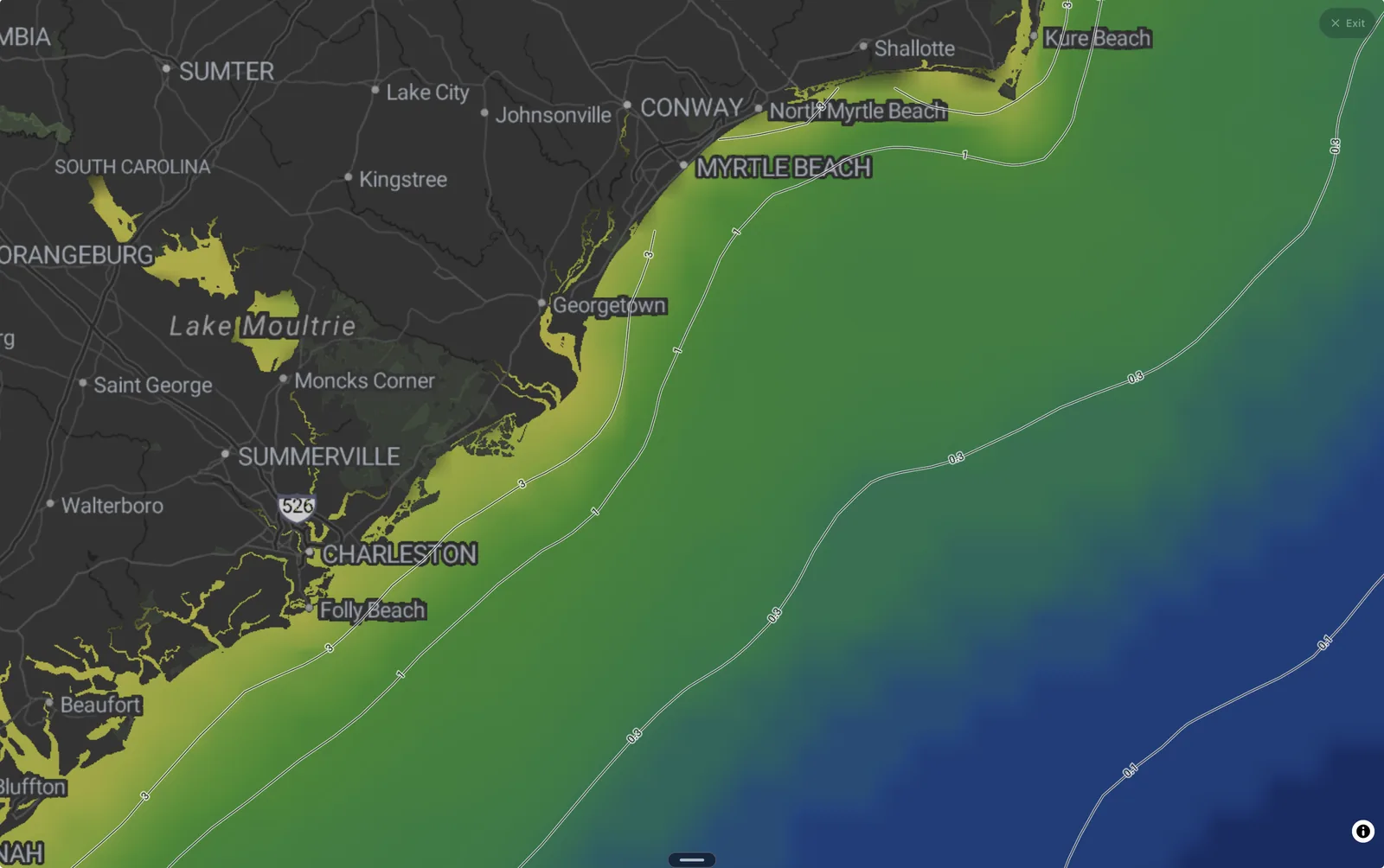The chlorophyll layer off the Carolinas in Fetch: bright nearshore green fading through the shelf to clean blue offshore, with the contour lines marking every edge along the way.