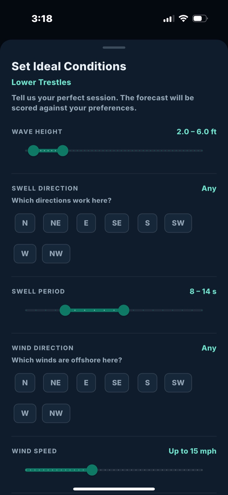 Fetch+ Set Ideal Conditions screen with wave height, swell direction, period, and wind preferences