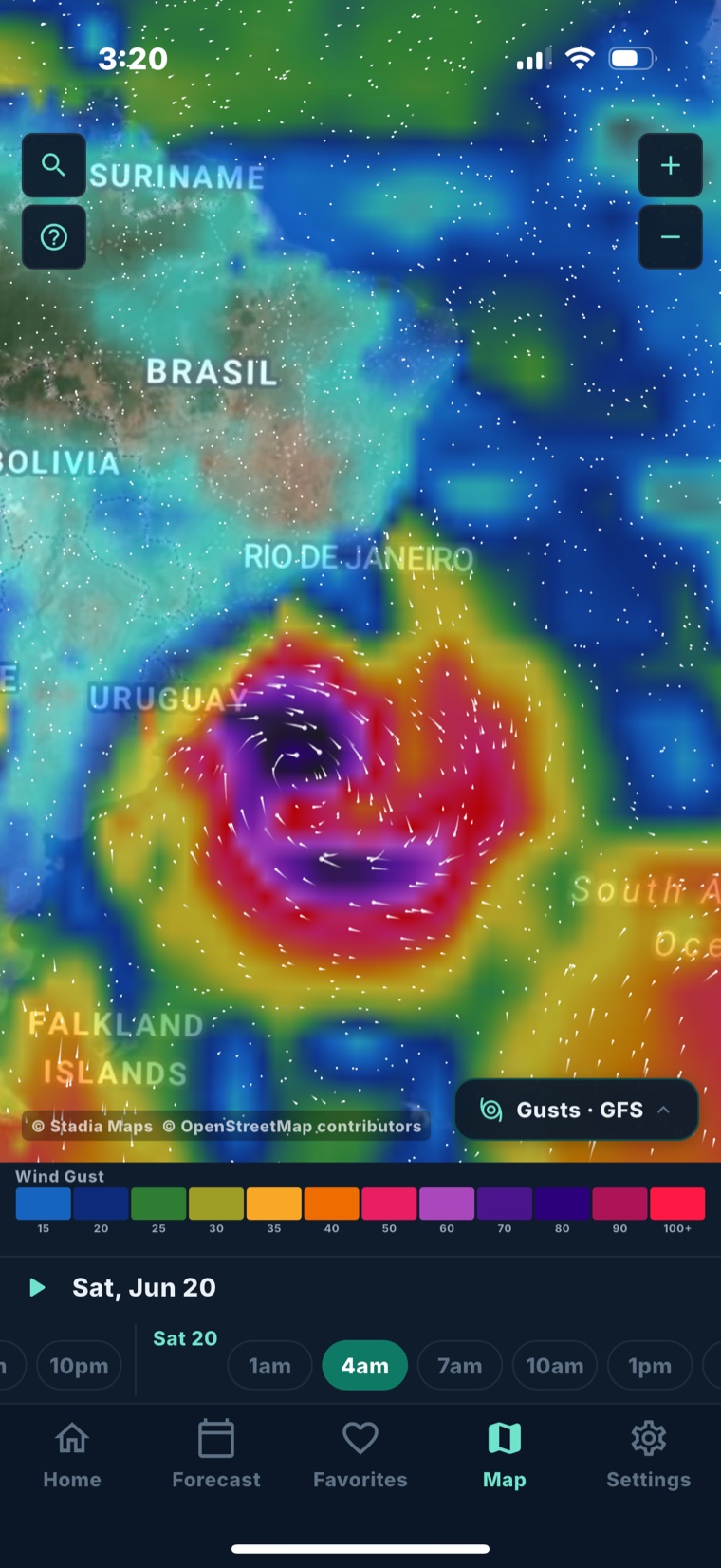Fetch storm map showing wind gusts spiraling around a low off South America, with a gust legend and time scrubber