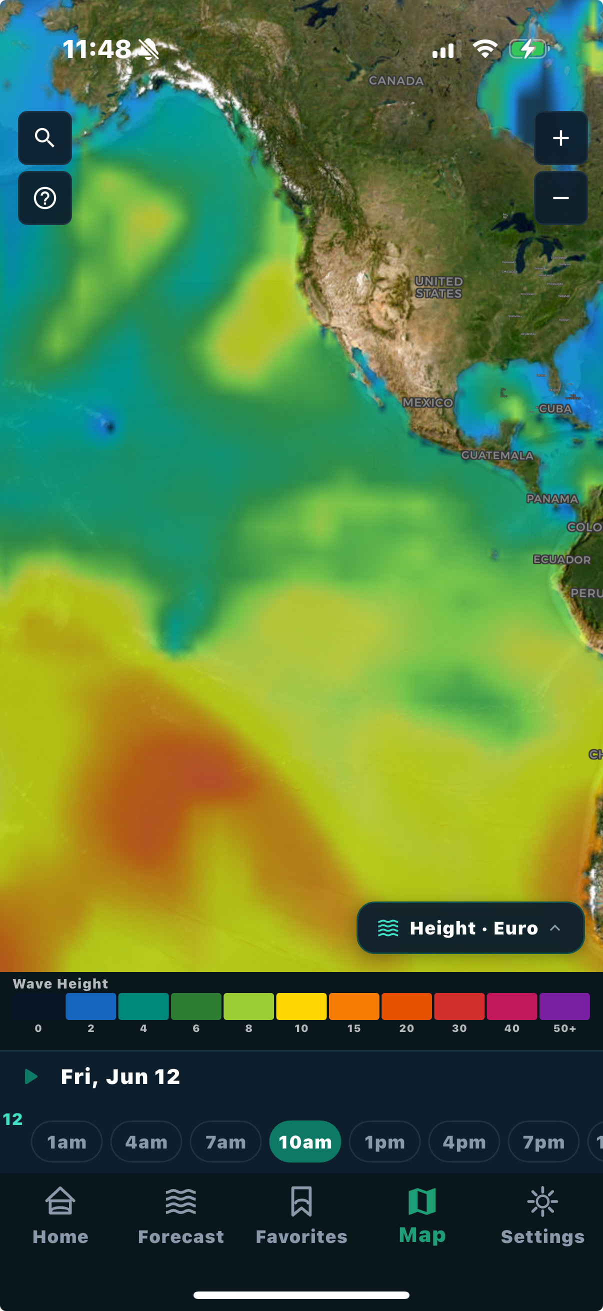 Fetch swell map showing wave height across the North Pacific and the Americas, with a wave-height legend and time scrubber