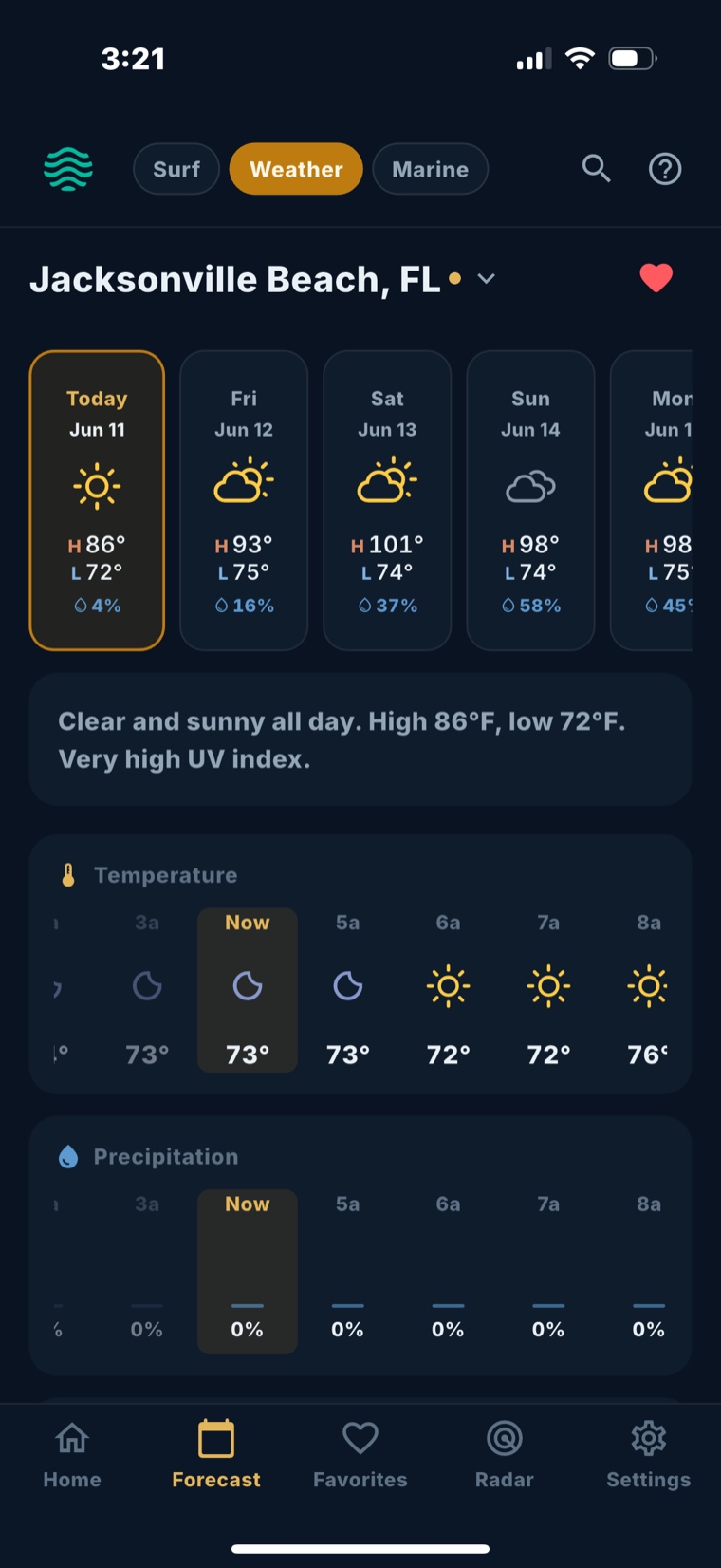 Fetch weather 5-day forecast for Jacksonville Beach with daily highs, lows, and conditions