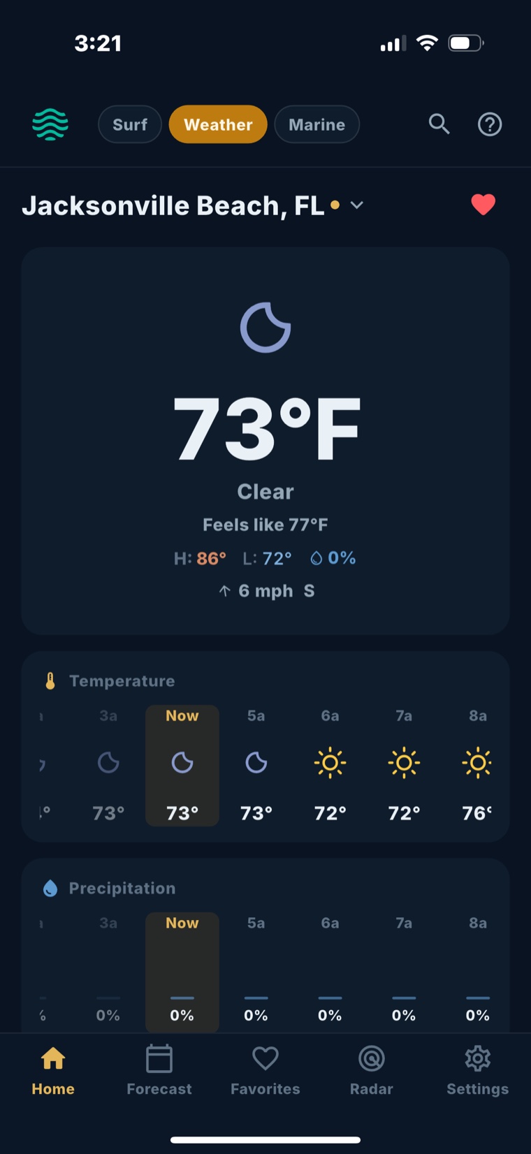 Fetch weather home for Jacksonville Beach showing current conditions and hourly temperature